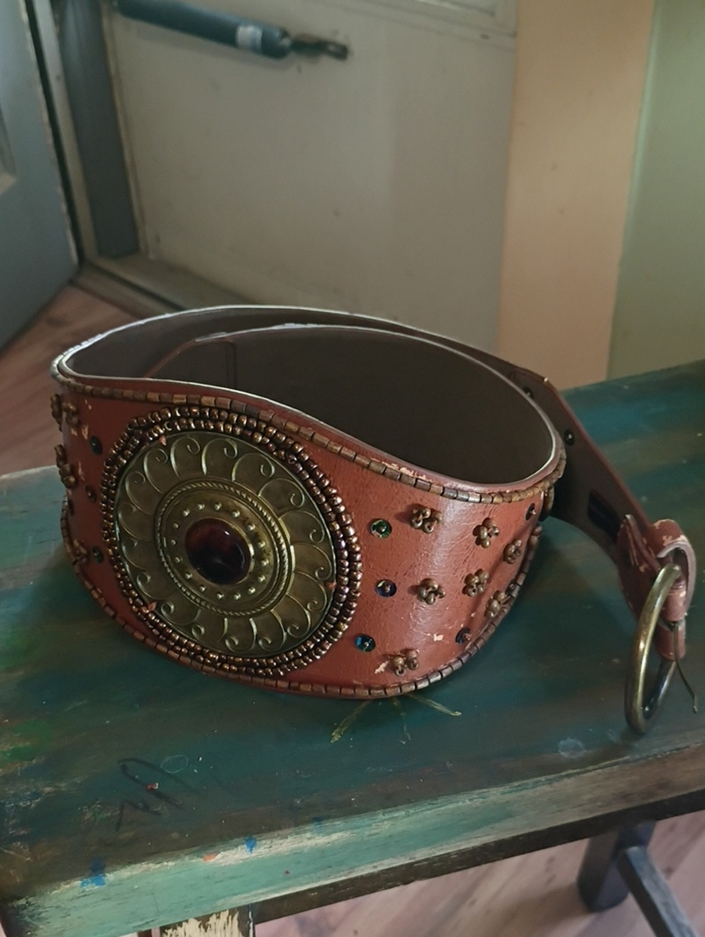 Vintage Chinese Laundry Wide Leather Belt w/Brass Medallion & Beaded Accents